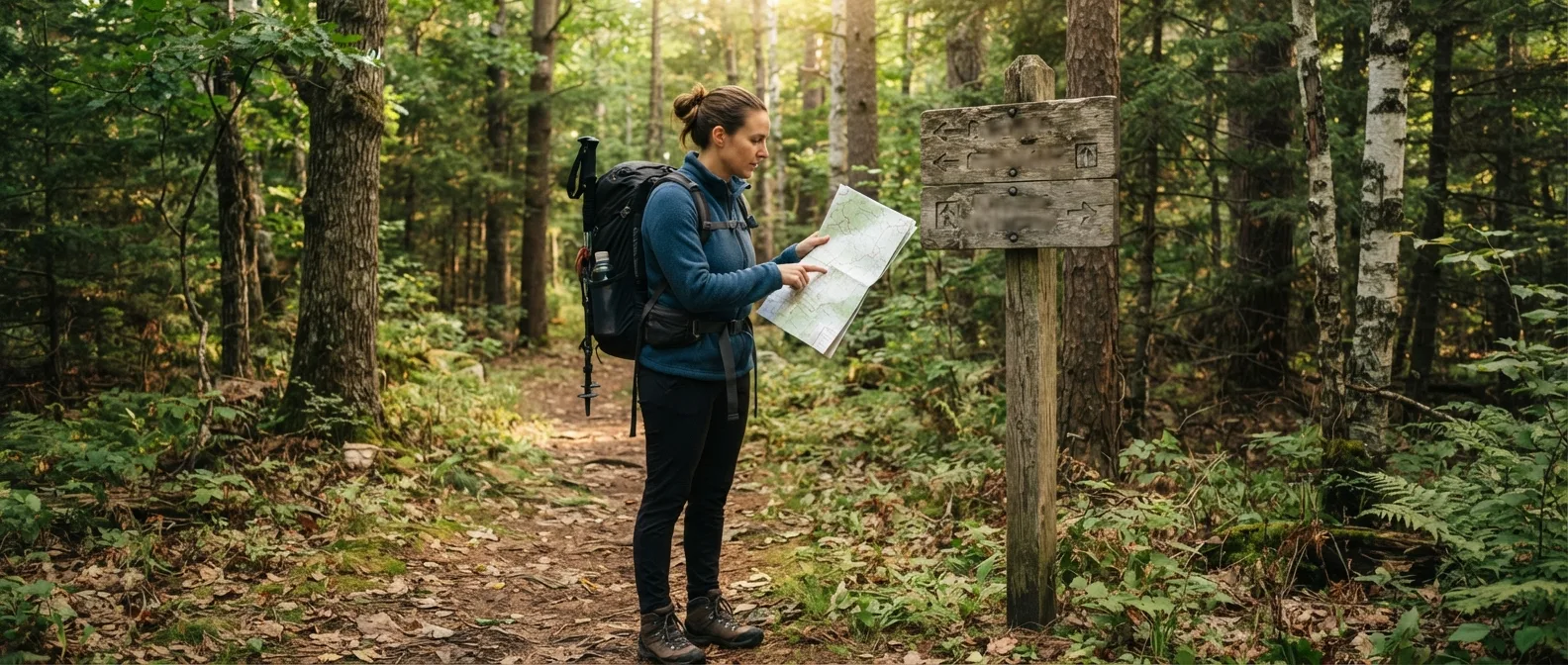 A hiker comparing a paper map with a trail sign in a forest