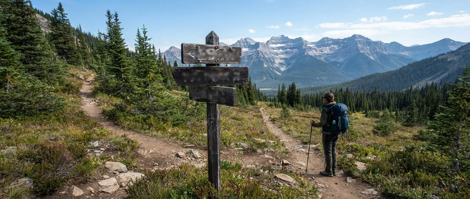 A trail junction and map in a mountain landscape
