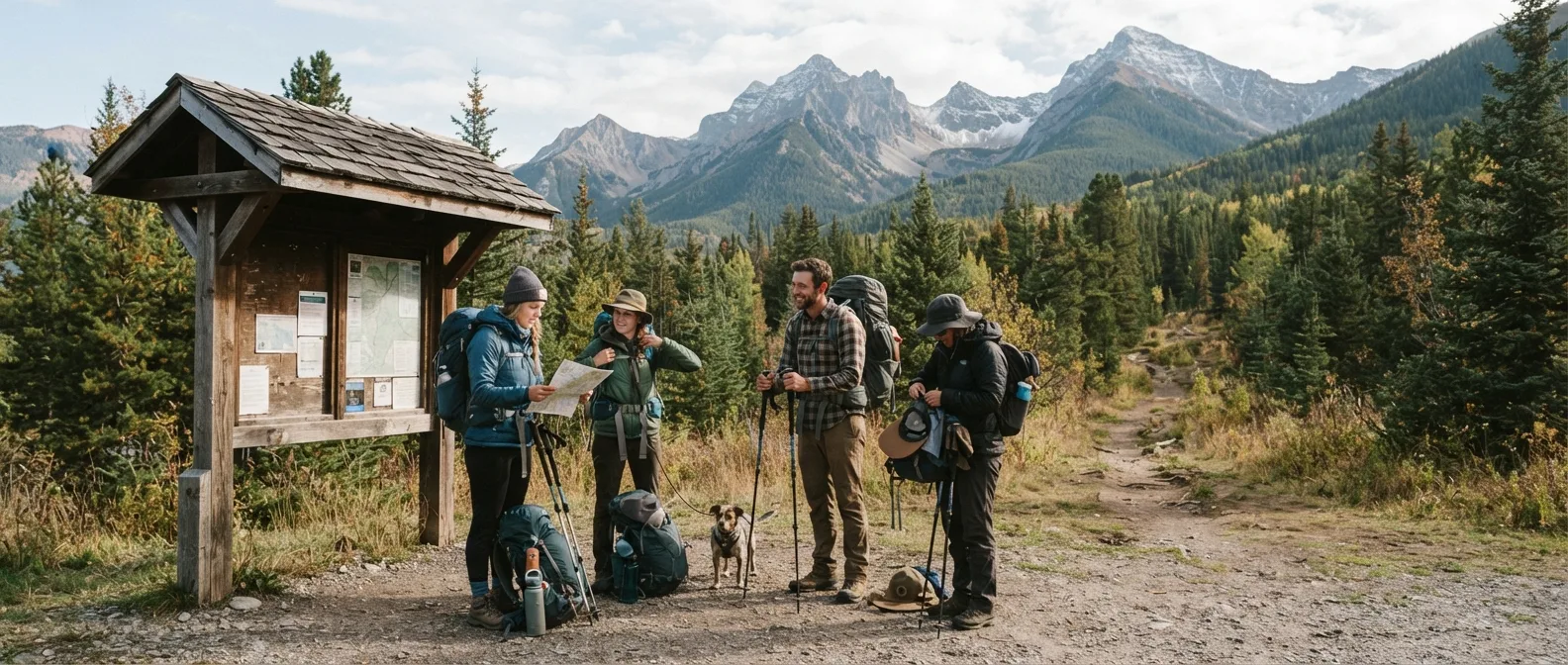 A hiking group checking weather and gear at a mountain trailhead