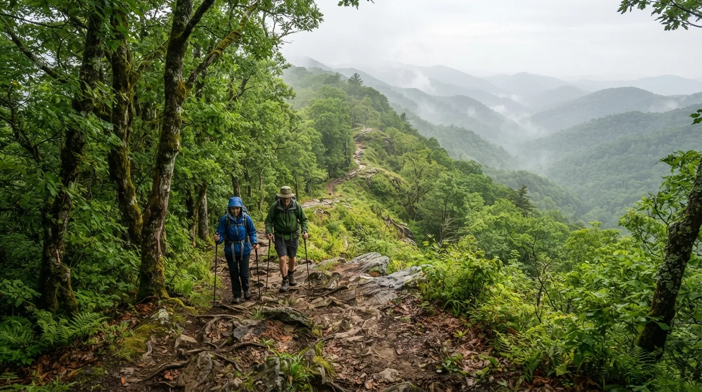 Hikers on Sugarland Mountain Trail in Great Smoky Mountains with misty coves, hardwood forest, ridgelines, and creek valleys.