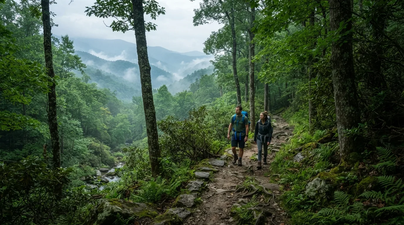 Hikers on Grapeyard Ridge Trail in Great Smoky Mountains with misty coves, hardwood forest, ridgelines, and creek valleys.
