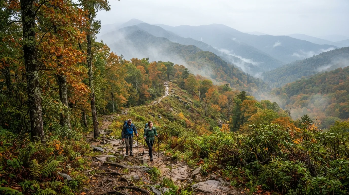 Hikers on Maddron Bald Trail in Great Smoky Mountains with misty coves, hardwood forest, ridgelines, and creek valleys.