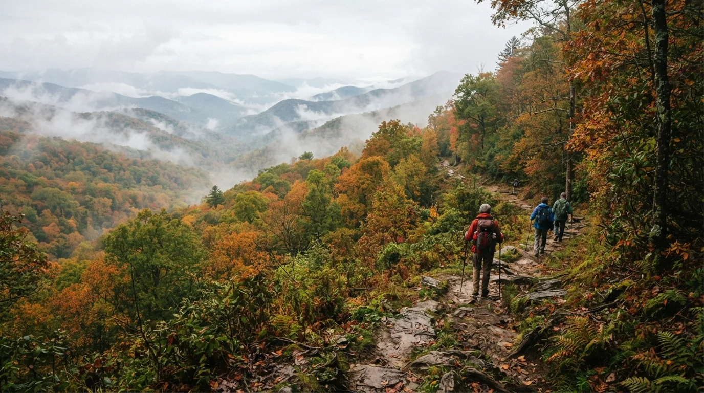 Hikers on Old Settlers Trail in Great Smoky Mountains with misty coves, hardwood forest, ridgelines, and creek valleys.