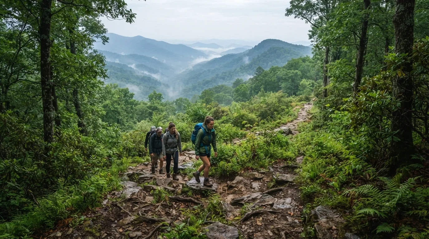 Hikers on Brushy Mountain Trail in Great Smoky Mountains with misty coves, hardwood forest, ridgelines, and creek valleys.
