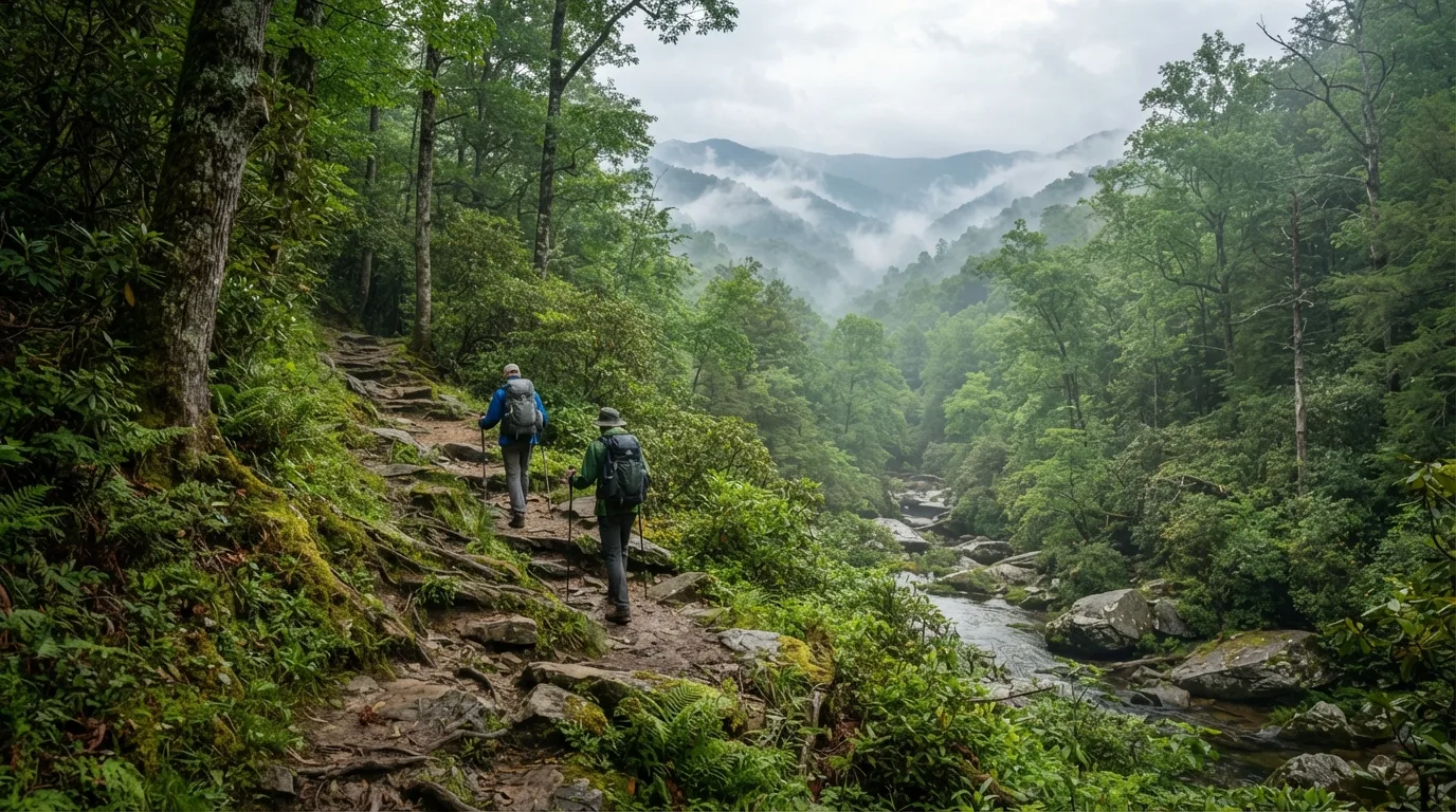 Hikers on Kanati Fork Trail in Great Smoky Mountains with misty coves, hardwood forest, ridgelines, and creek valleys.