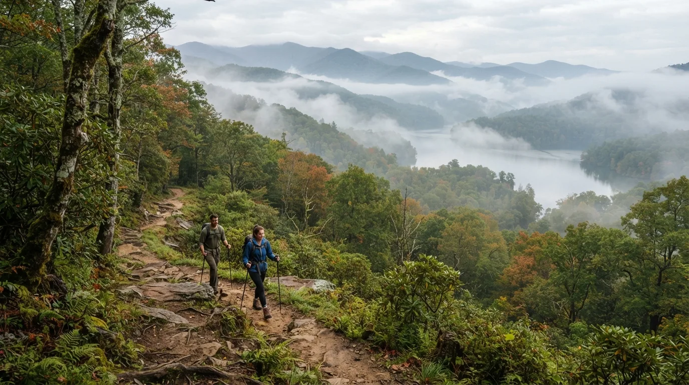 Hikers on Lakeshore Trail near Fontana in Great Smoky Mountains with misty coves, hardwood forest, ridgelines, and creek valleys.