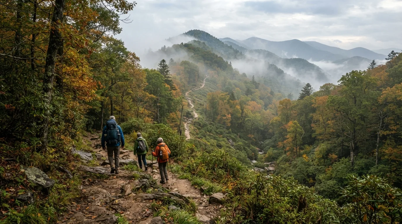Hikers on Thomas Divide Trail in Great Smoky Mountains with misty coves, hardwood forest, ridgelines, and creek valleys.