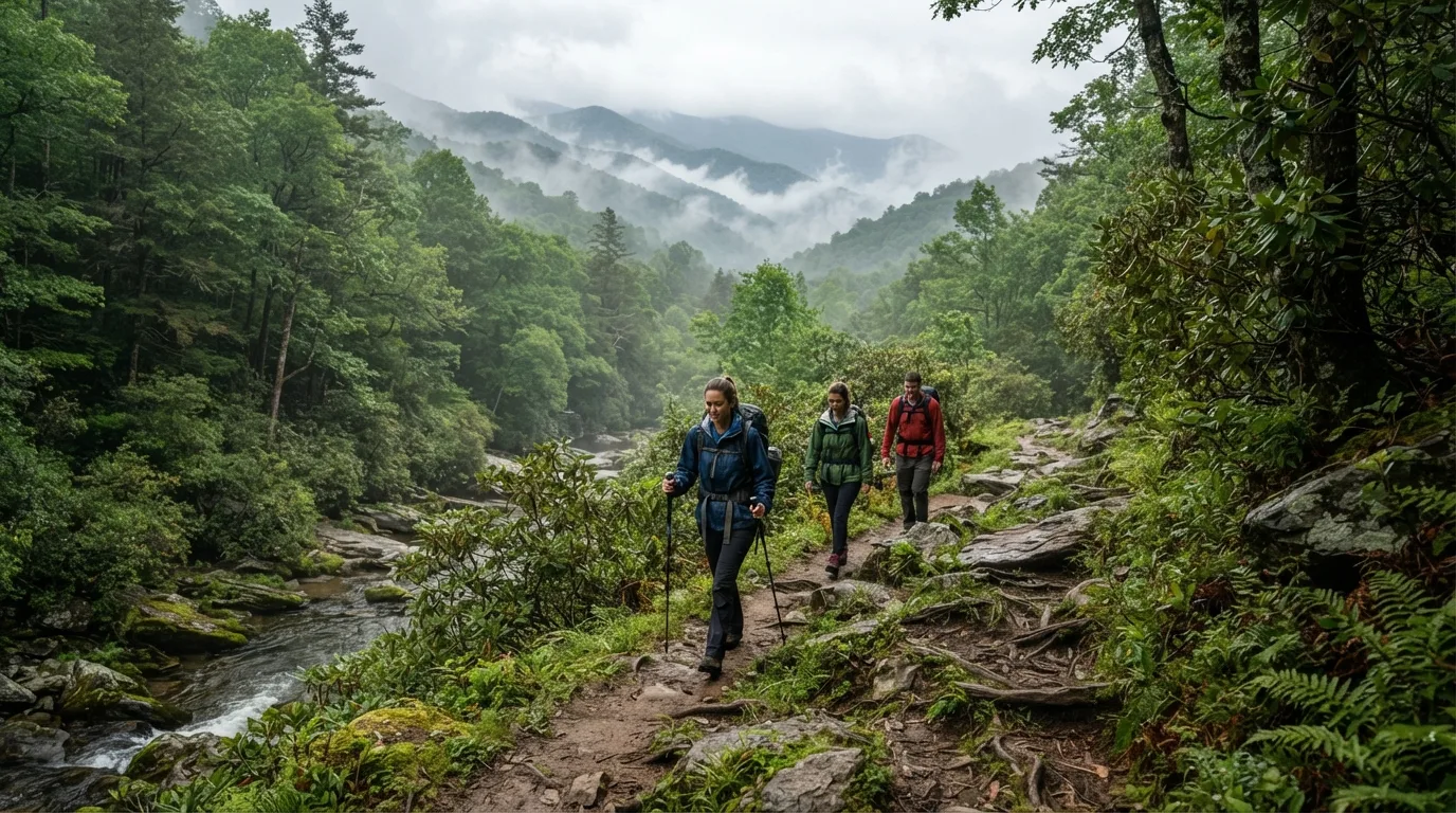 Hikers on Noland Creek Trail in Great Smoky Mountains with misty coves, hardwood forest, ridgelines, and creek valleys.
