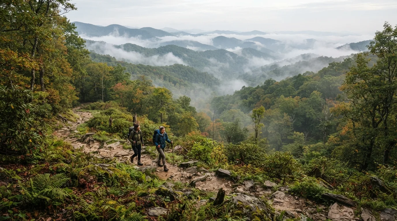 Hikers on Roundtop Trail in Great Smoky Mountains with misty coves, hardwood forest, ridgelines, and creek valleys.