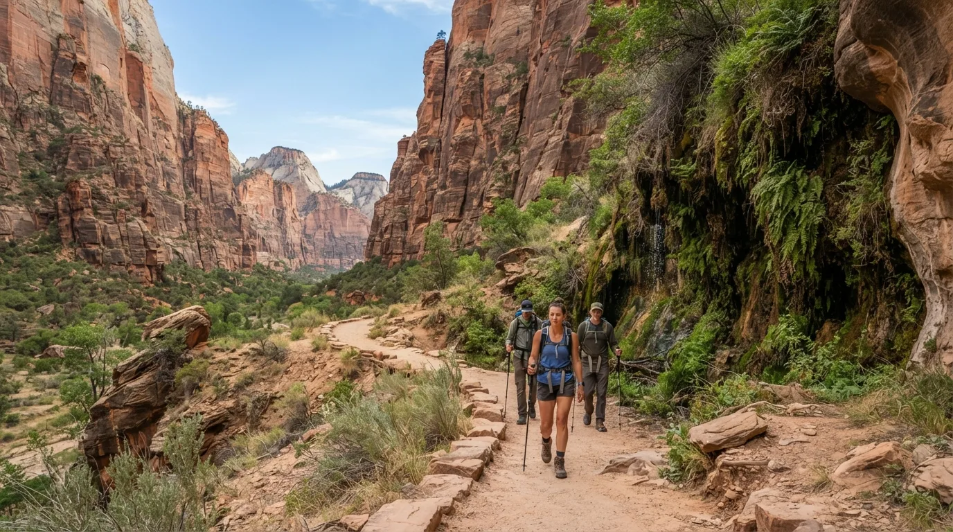 Hikers on Grotto Trail in Zion with sandstone walls, dry benches, hanging gardens, and canyon corridors.