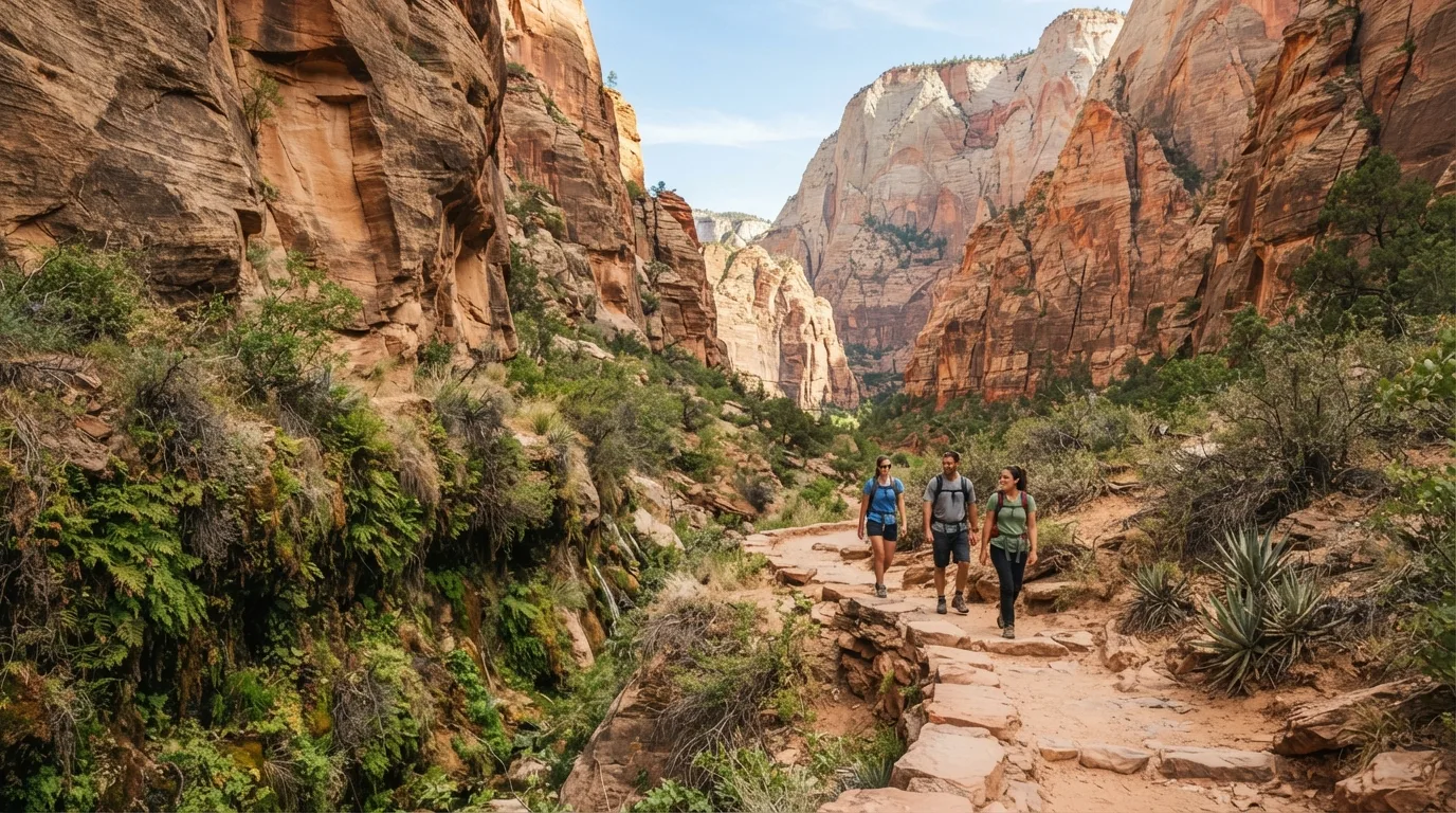 Hikers on Archaeology Trail in Zion with sandstone walls, dry benches, hanging gardens, and canyon corridors.