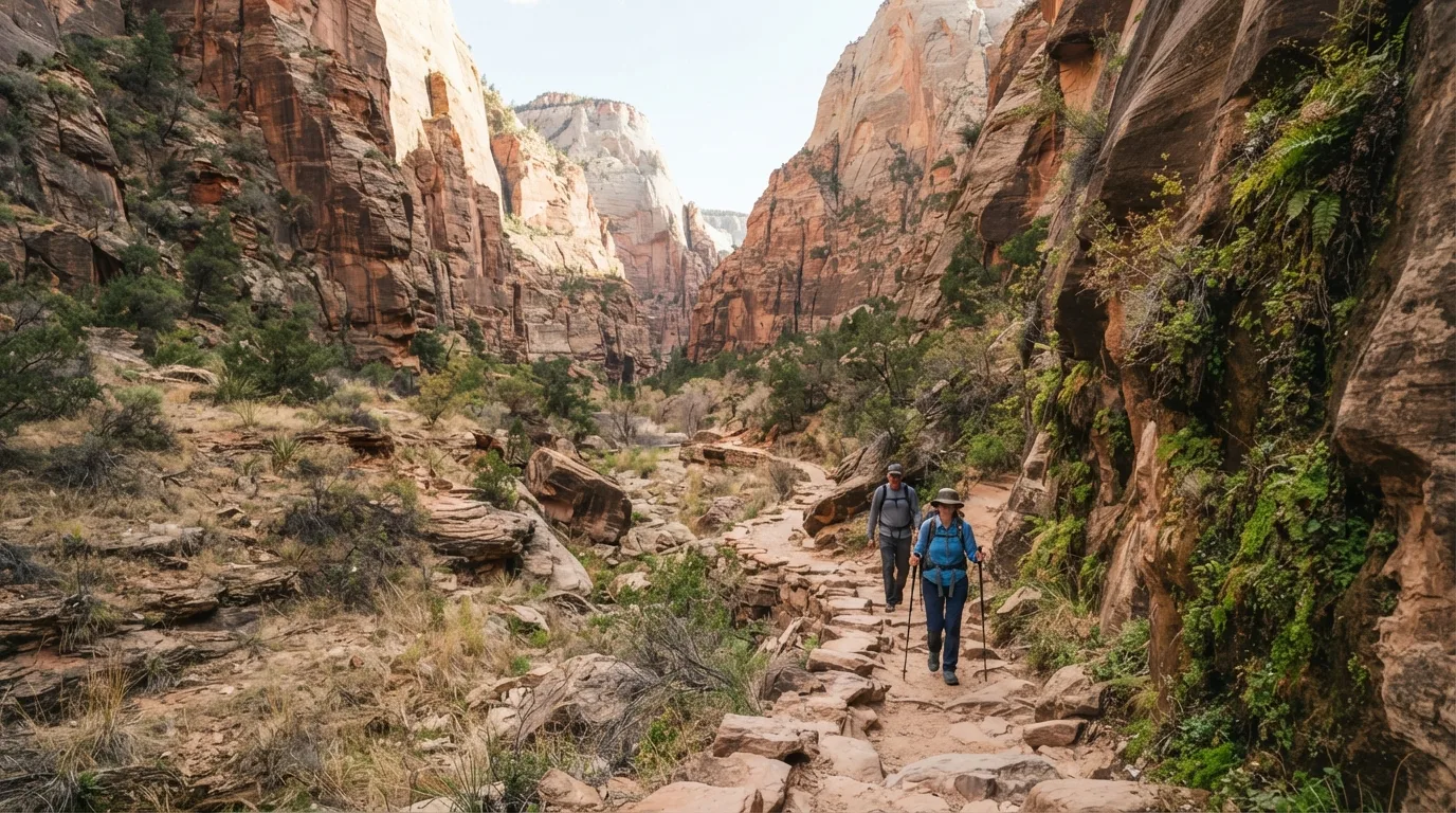 Hikers on Lower Pine Creek Waterfall Trail in Zion with sandstone walls, dry benches, hanging gardens, and canyon corridors.