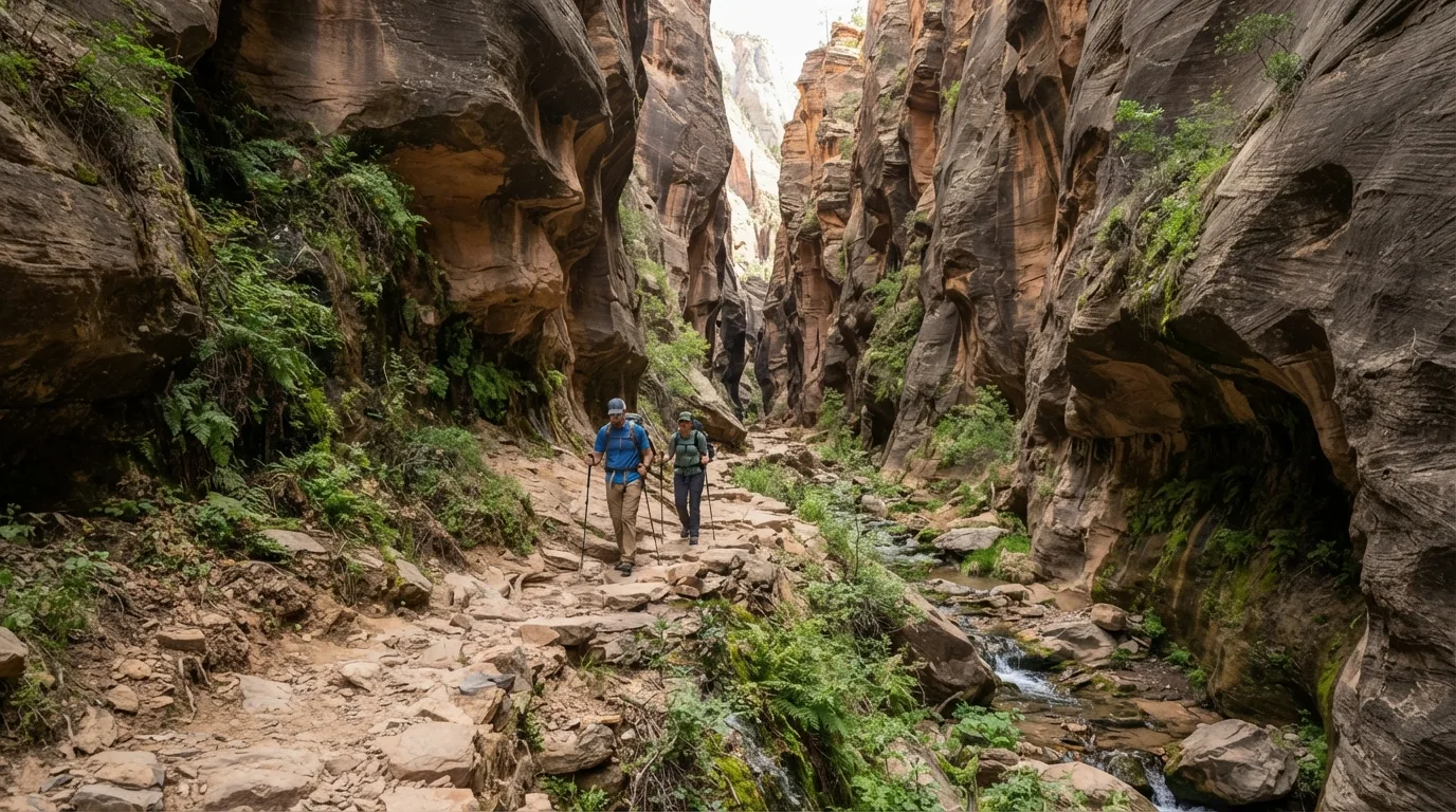 Hikers on Upper Pine Creek Falls Trail in Zion with sandstone walls, dry benches, hanging gardens, and canyon corridors.