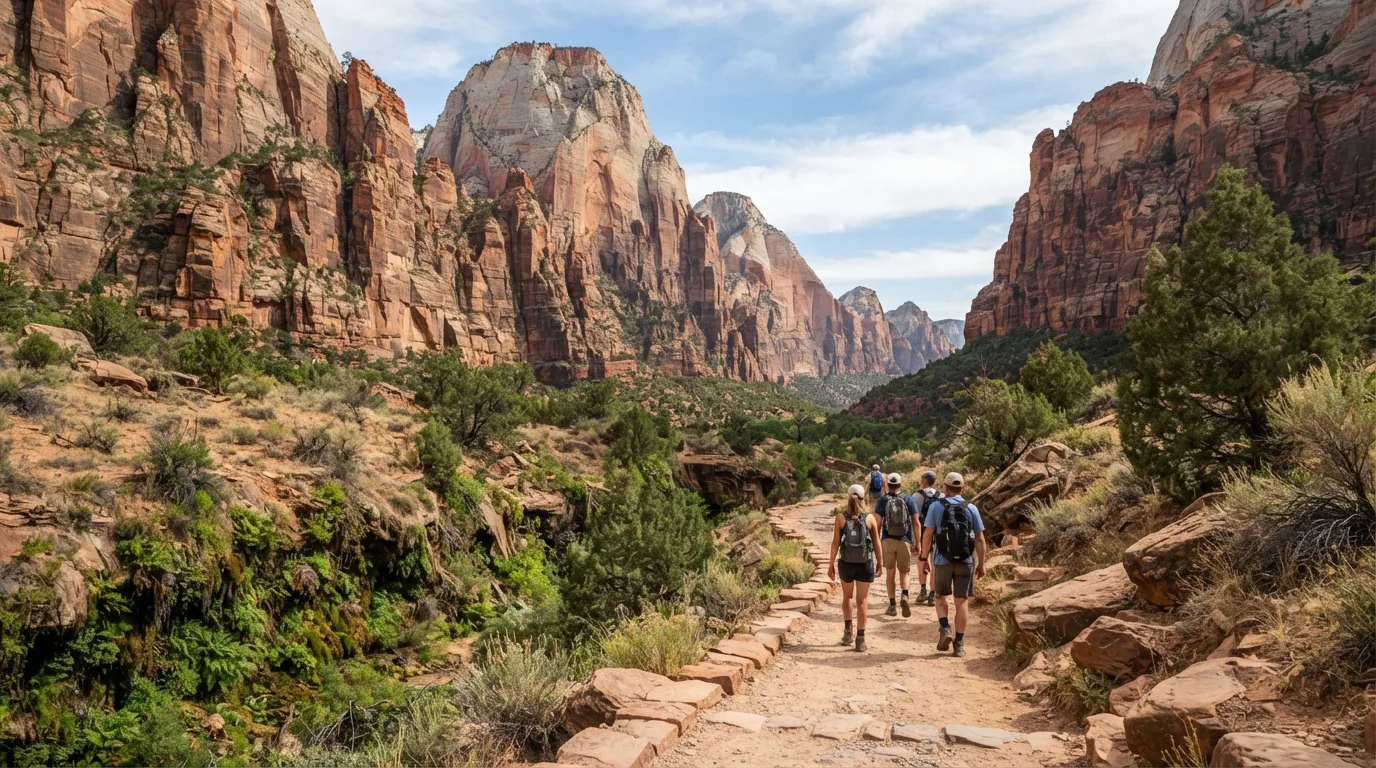 Hikers on Court of the Patriarchs Viewpoint Trail in Zion with sandstone walls, dry benches, hanging gardens, and canyon corridors.