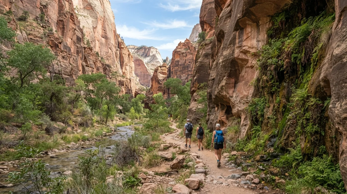 Hikers on La Verkin Creek Trail to Beartrap Canyon in Zion with sandstone walls, dry benches, hanging gardens, and canyon corridors.
