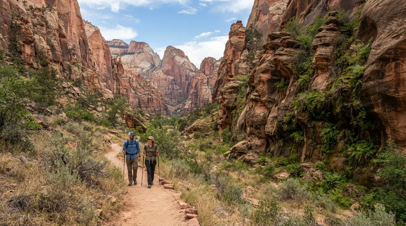 Hikers on Connector Trail in Kolob Canyons in Zion with sandstone walls, dry benches, hanging gardens, and canyon corridors.