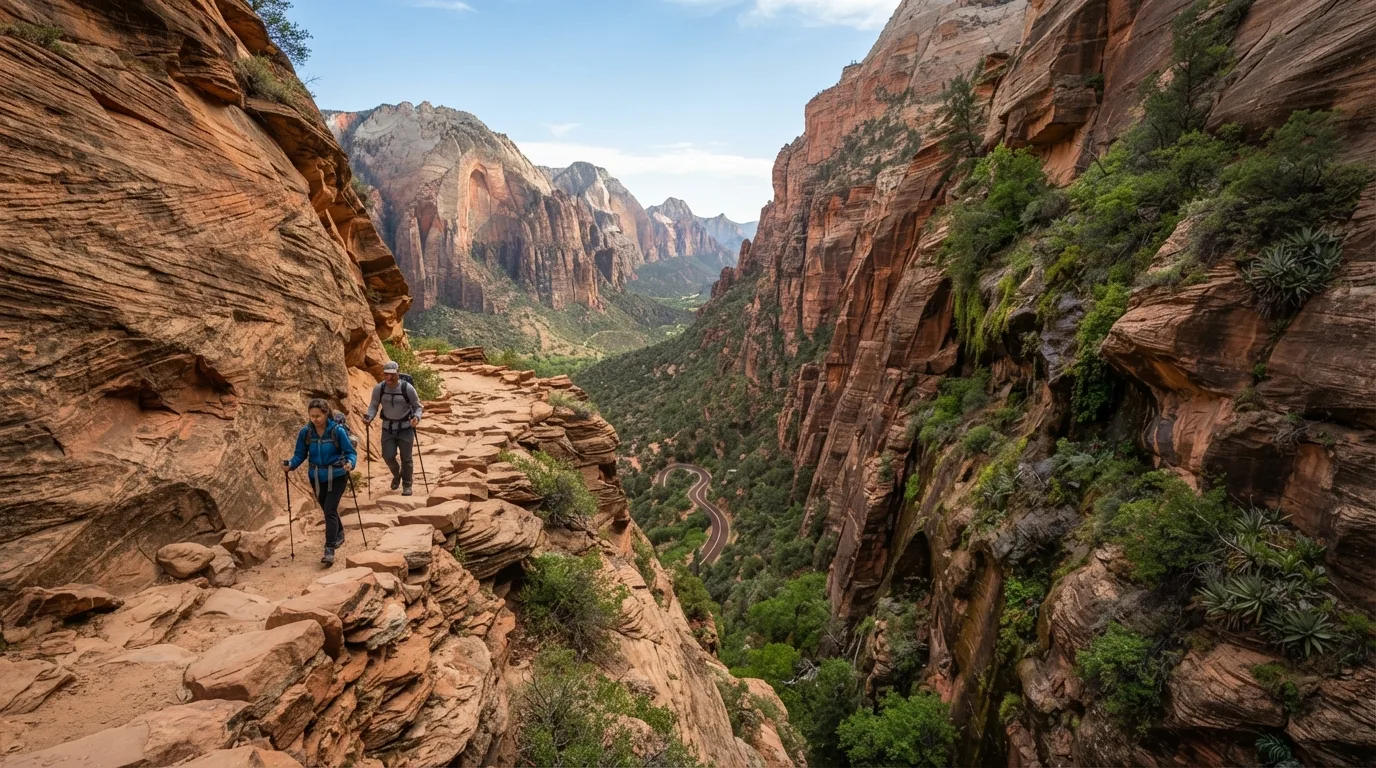 Hikers on East Rim Trail from the East Entrance in Zion with sandstone walls, dry benches, hanging gardens, and canyon corridors.