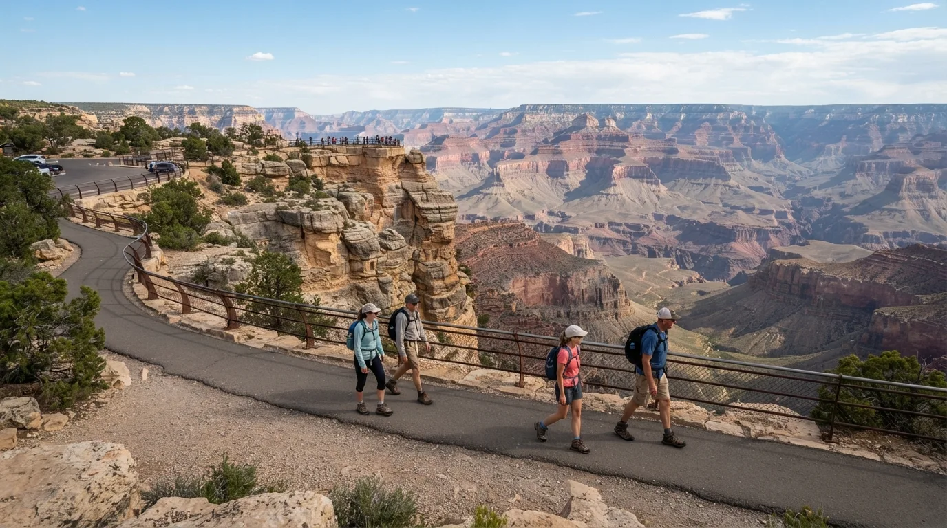 Hikers on Rim Trail from Mather Point to Pipe Creek Vista in Grand Canyon with rim viewpoints, redwall descents, inner-canyon benches, and exposed desert slopes.