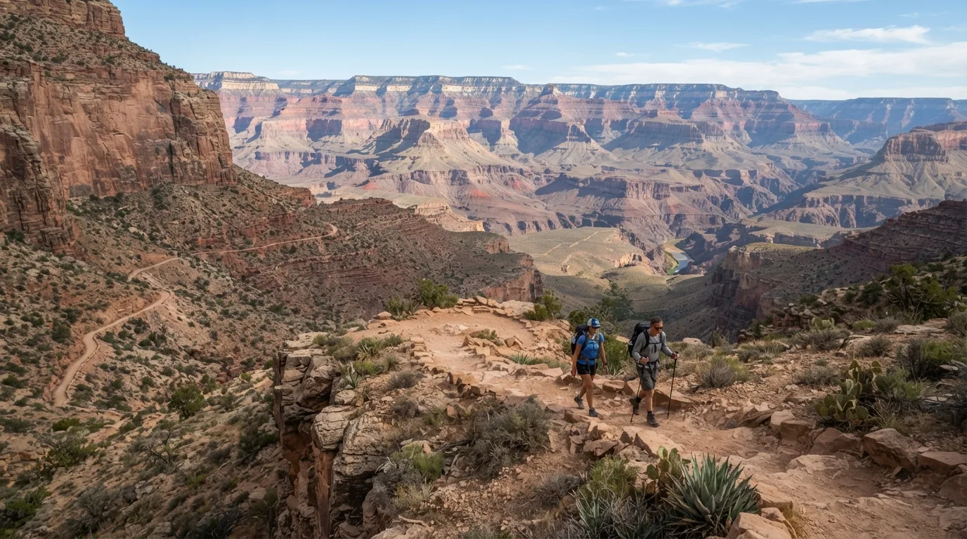 Hikers on Tonto Trail from South Kaibab to Bright Angel in Grand Canyon with rim viewpoints, redwall descents, inner-canyon benches, and exposed desert slopes.