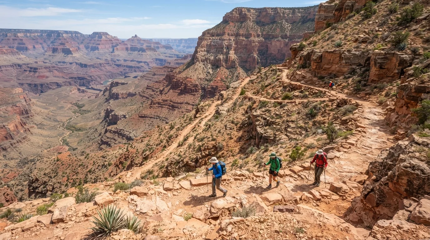 Hikers on Hermit Trail to Breezy Point in Grand Canyon with rim viewpoints, redwall descents, inner-canyon benches, and exposed desert slopes.