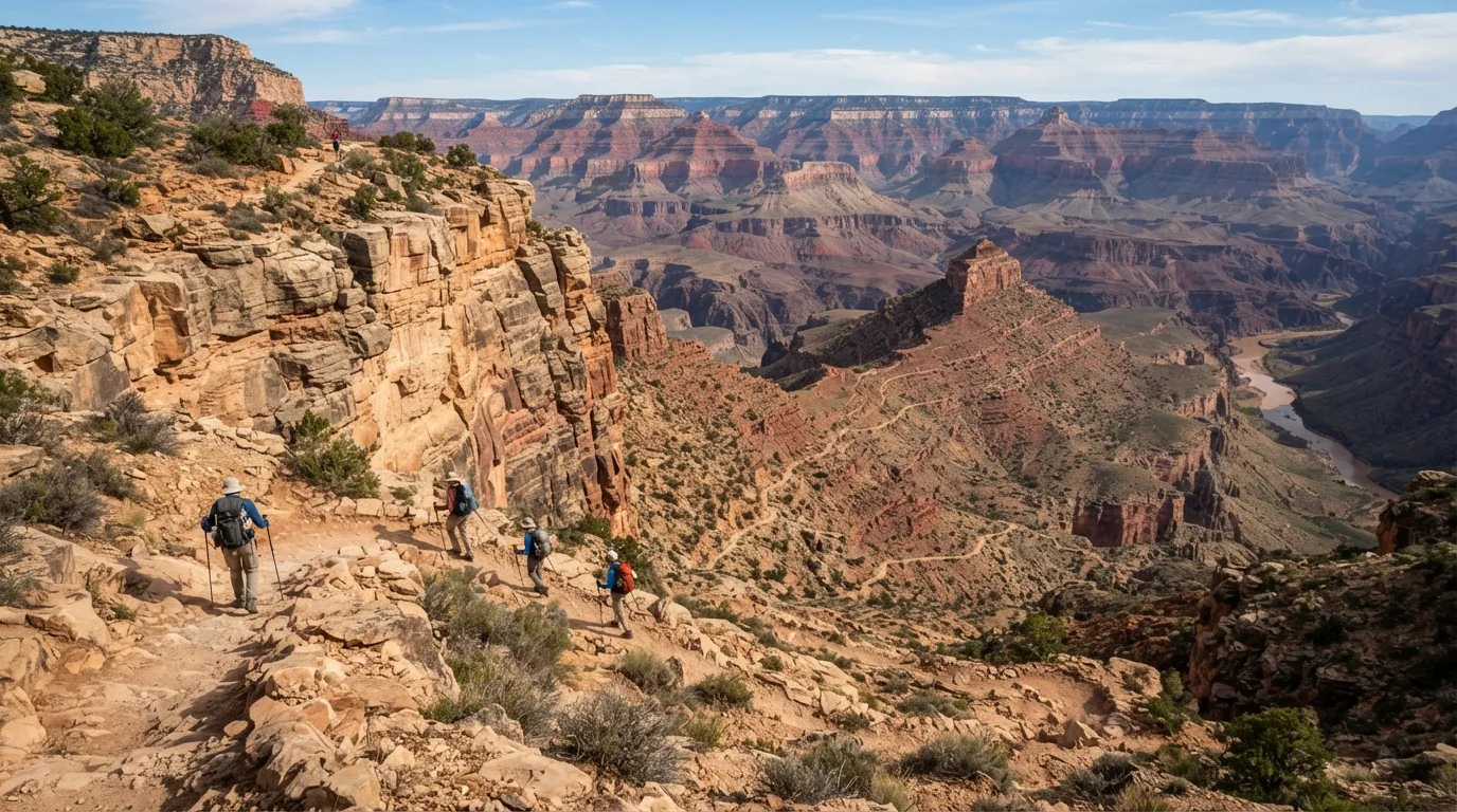 Hikers on Boucher Trail to Yuma Point in Grand Canyon with rim viewpoints, redwall descents, inner-canyon benches, and exposed desert slopes.