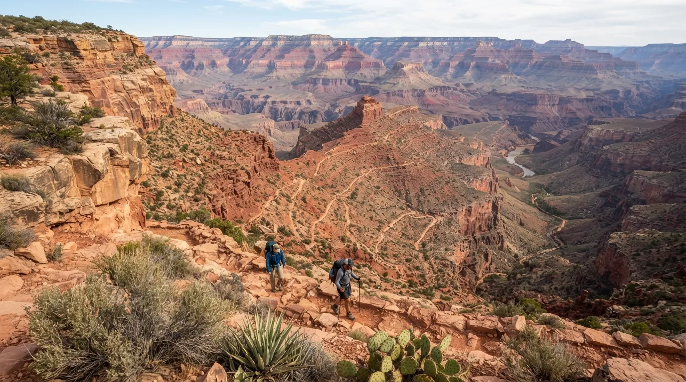 Hikers on Tanner Trail to Seventyfive Mile Saddle in Grand Canyon with rim viewpoints, redwall descents, inner-canyon benches, and exposed desert slopes.