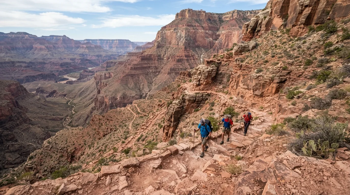 Hikers on New Hance Trail to Red Canyon in Grand Canyon with rim viewpoints, redwall descents, inner-canyon benches, and exposed desert slopes.
