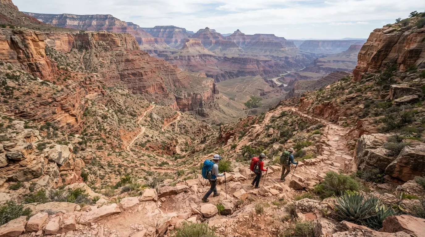 Hikers on Grandview Trail to Page Spring in Grand Canyon with rim viewpoints, redwall descents, inner-canyon benches, and exposed desert slopes.