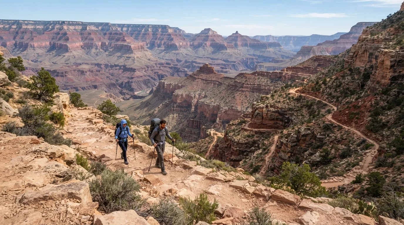 Hikers on Ken Patrick Trail in Grand Canyon with rim viewpoints, redwall descents, inner-canyon benches, and exposed desert slopes.