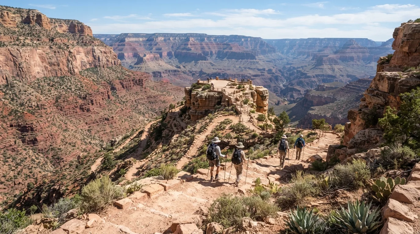 Hikers on North Kaibab Trail to Coconino Overlook in Grand Canyon with rim viewpoints, redwall descents, inner-canyon benches, and exposed desert slopes.