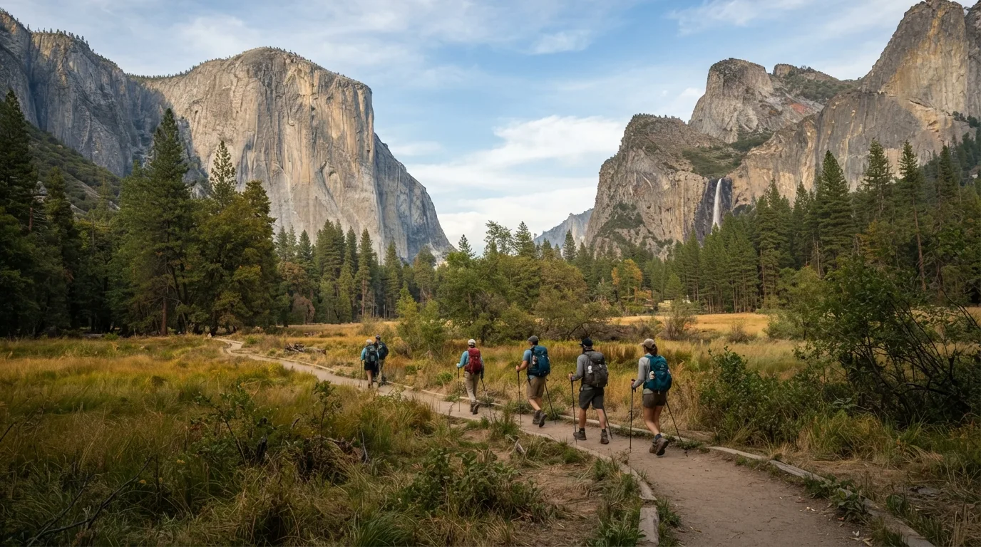 Hikers on Valley Floor Loop Trail in Yosemite with granite domes, waterfall cliffs, pine forest, meadows, and high-country lakes.