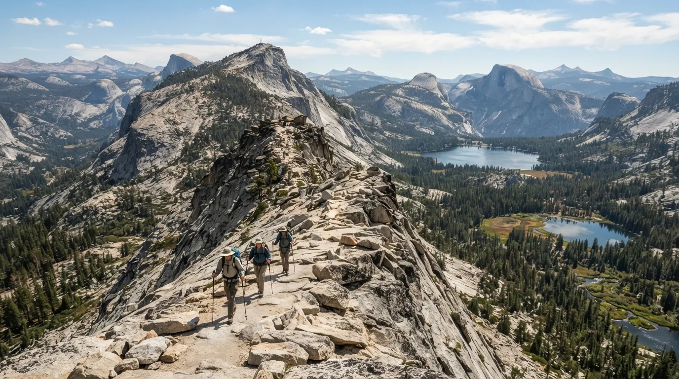 Hikers on Clouds Rest from Tenaya Lake in Yosemite with granite domes, waterfall cliffs, pine forest, meadows, and high-country lakes.