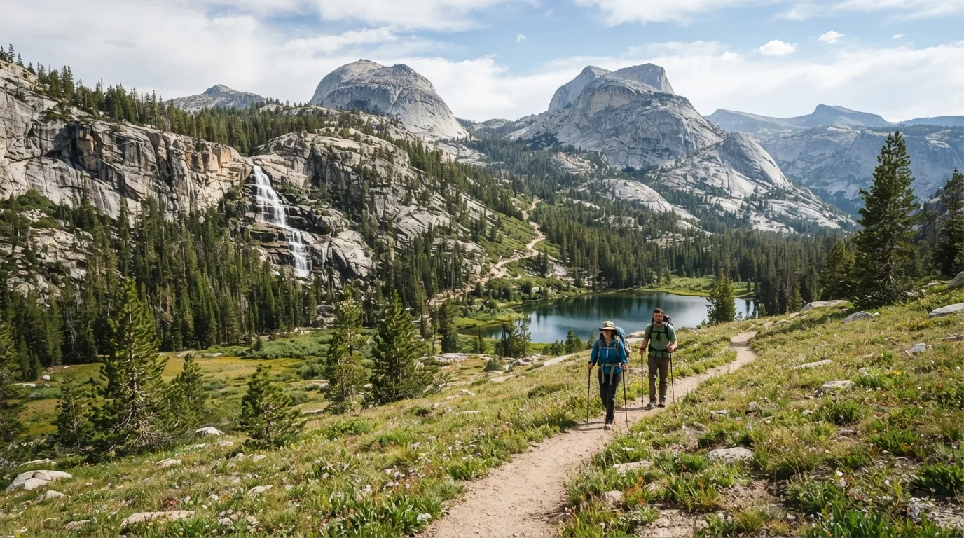 Hikers on Sunrise Lakes Trail in Yosemite with granite domes, waterfall cliffs, pine forest, meadows, and high-country lakes.