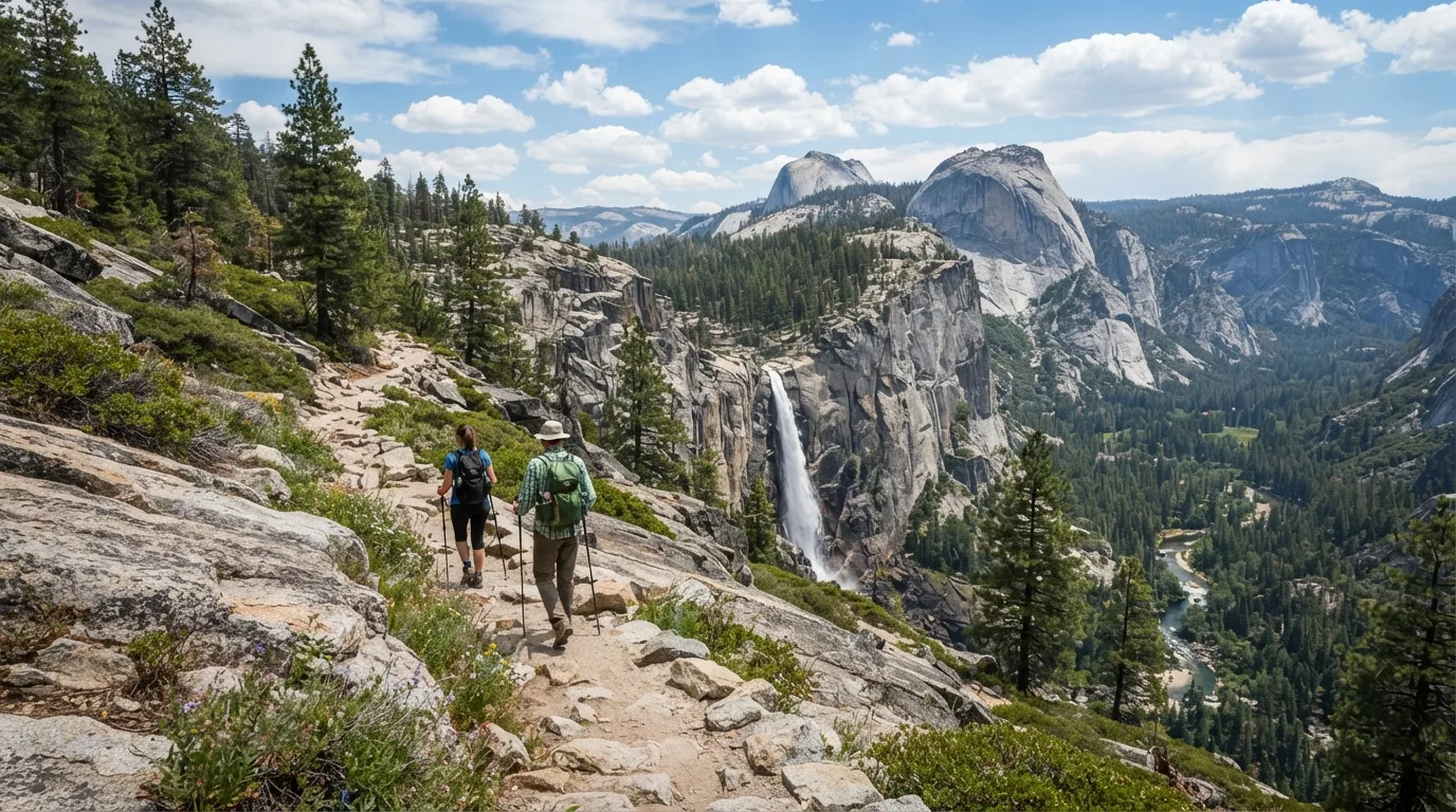 Hikers on Rancheria Falls Trail in Yosemite with granite domes, waterfall cliffs, pine forest, meadows, and high-country lakes.