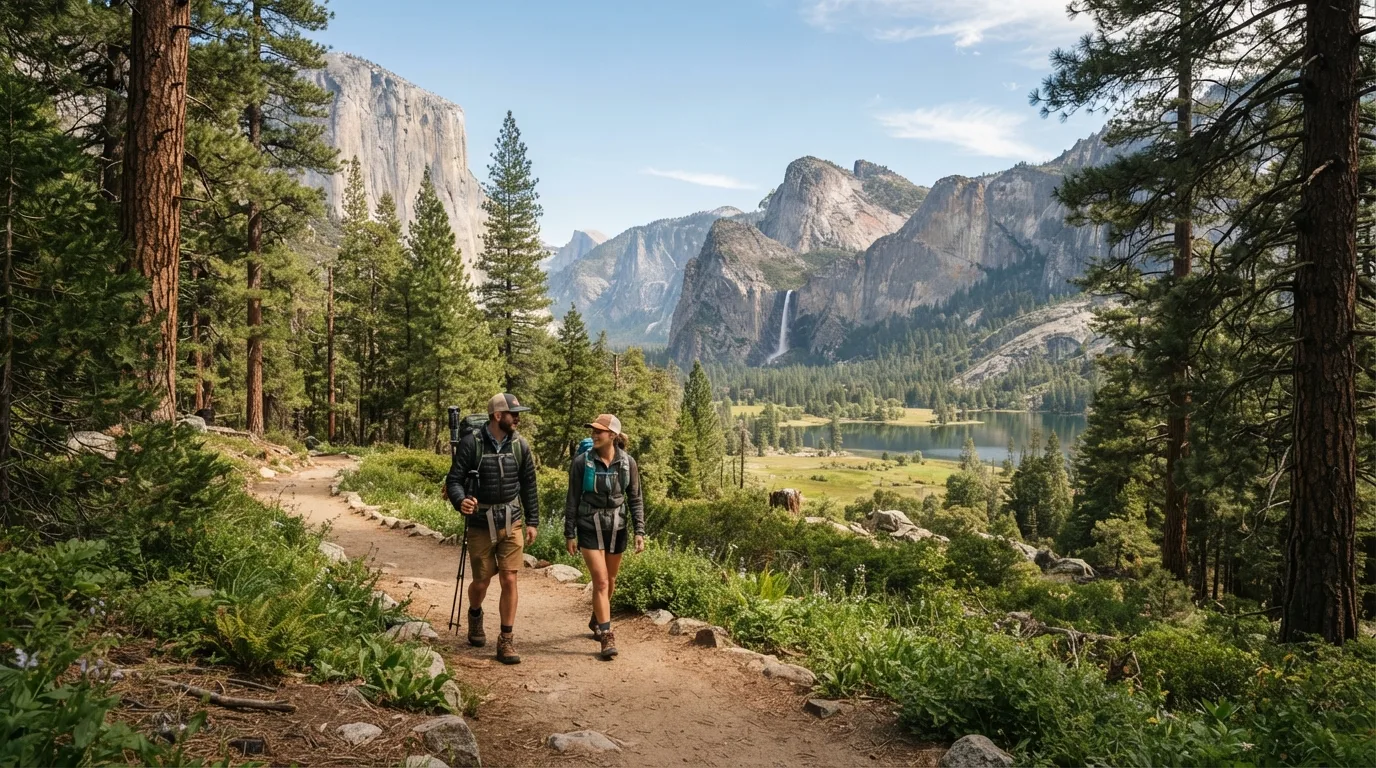 Hikers on Merced Grove Trail in Yosemite with granite domes, waterfall cliffs, pine forest, meadows, and high-country lakes.