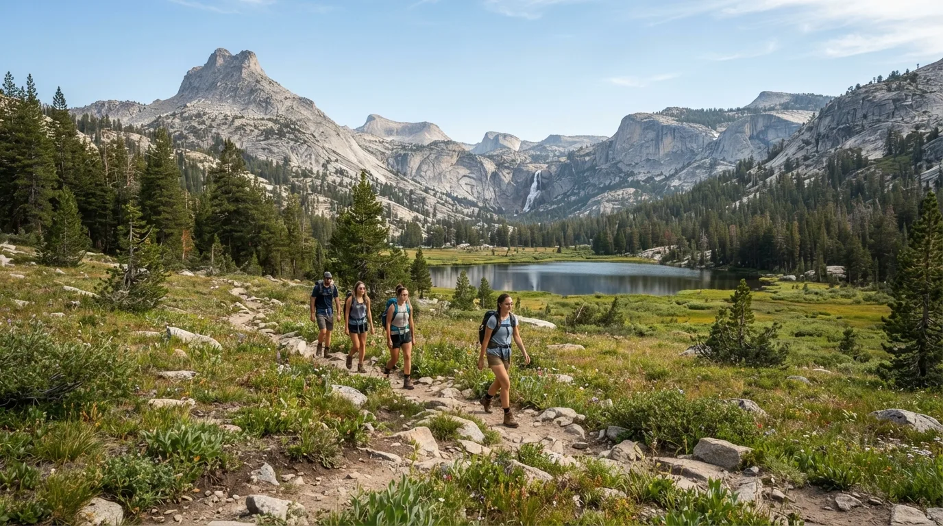 Hikers on Smith Peak Trail in Yosemite with granite domes, waterfall cliffs, pine forest, meadows, and high-country lakes.