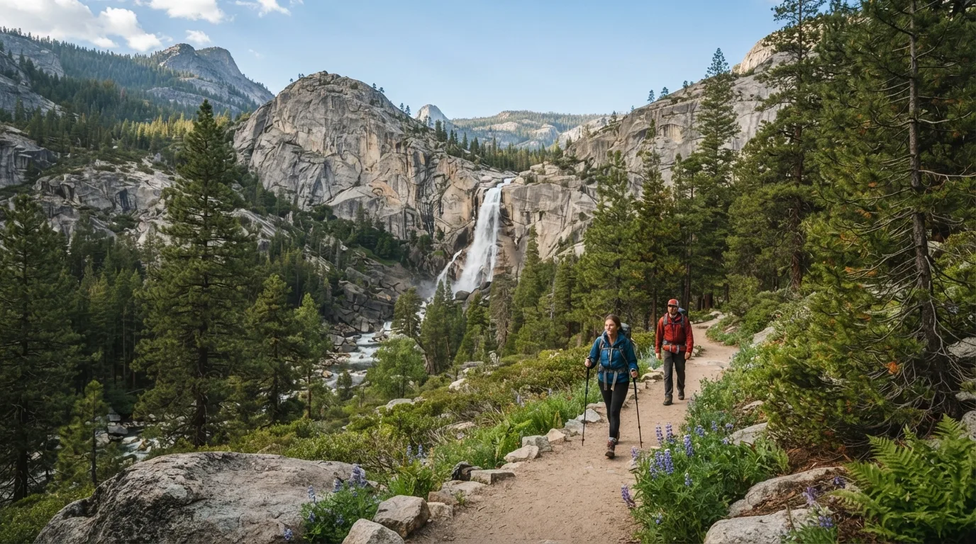 Hikers on Carlon Falls Trail in Yosemite with granite domes, waterfall cliffs, pine forest, meadows, and high-country lakes.