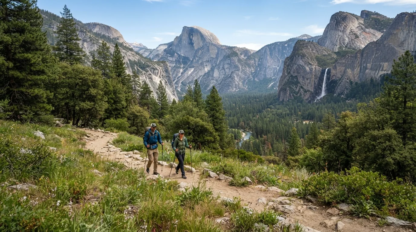 Hikers on Artist Point Trail in Yosemite with granite domes, waterfall cliffs, pine forest, meadows, and high-country lakes.