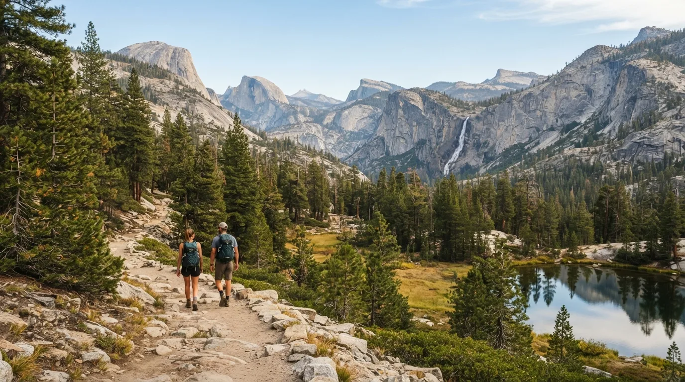 Hikers on Old Big Oak Flat Road Trail in Yosemite with granite domes, waterfall cliffs, pine forest, meadows, and high-country lakes.