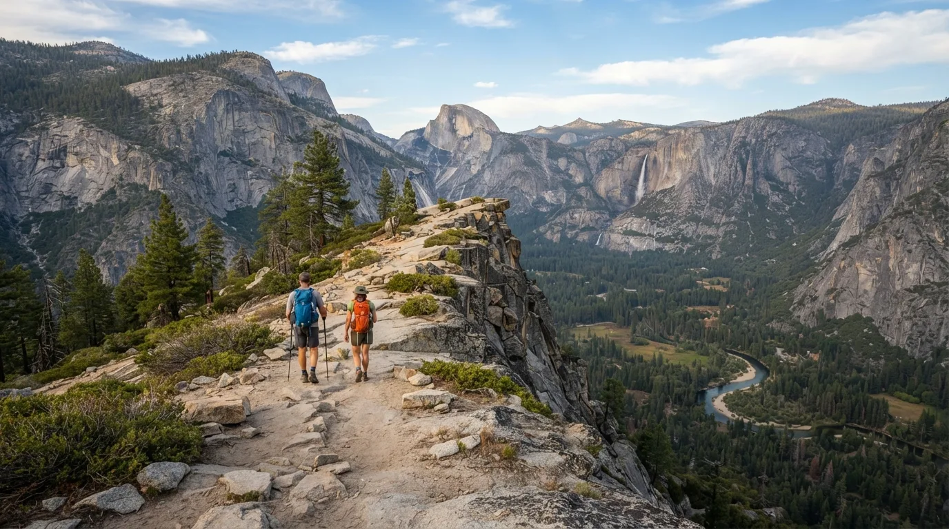 Hikers on Pohono Trail to Stanford Point in Yosemite with granite domes, waterfall cliffs, pine forest, meadows, and high-country lakes.