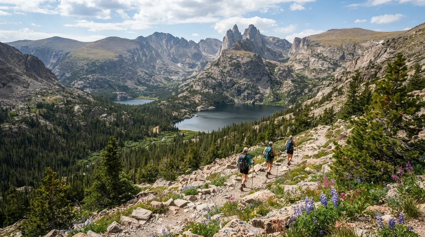Hikers on Black Lake Trail in Rocky Mountain with subalpine lakes, tundra ridges, glacial basins, and forested valleys.