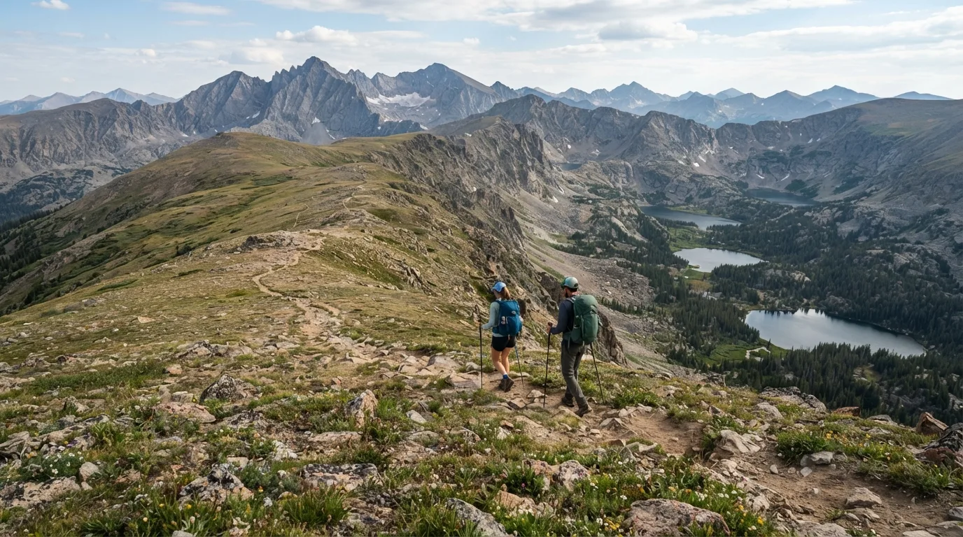 Hikers on Mount Ida Trail in Rocky Mountain with subalpine lakes, tundra ridges, glacial basins, and forested valleys.