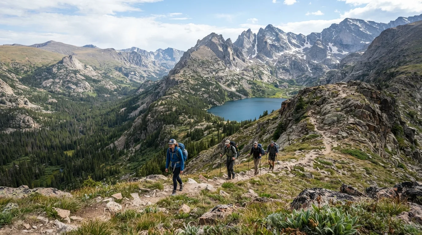 Hikers on Lake Helene Trail in Rocky Mountain with subalpine lakes, tundra ridges, glacial basins, and forested valleys.