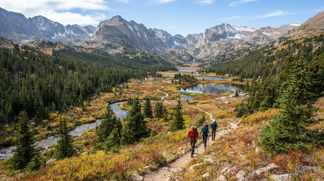 Hikers on Lulu City Trail in Rocky Mountain with subalpine lakes, tundra ridges, glacial basins, and forested valleys.