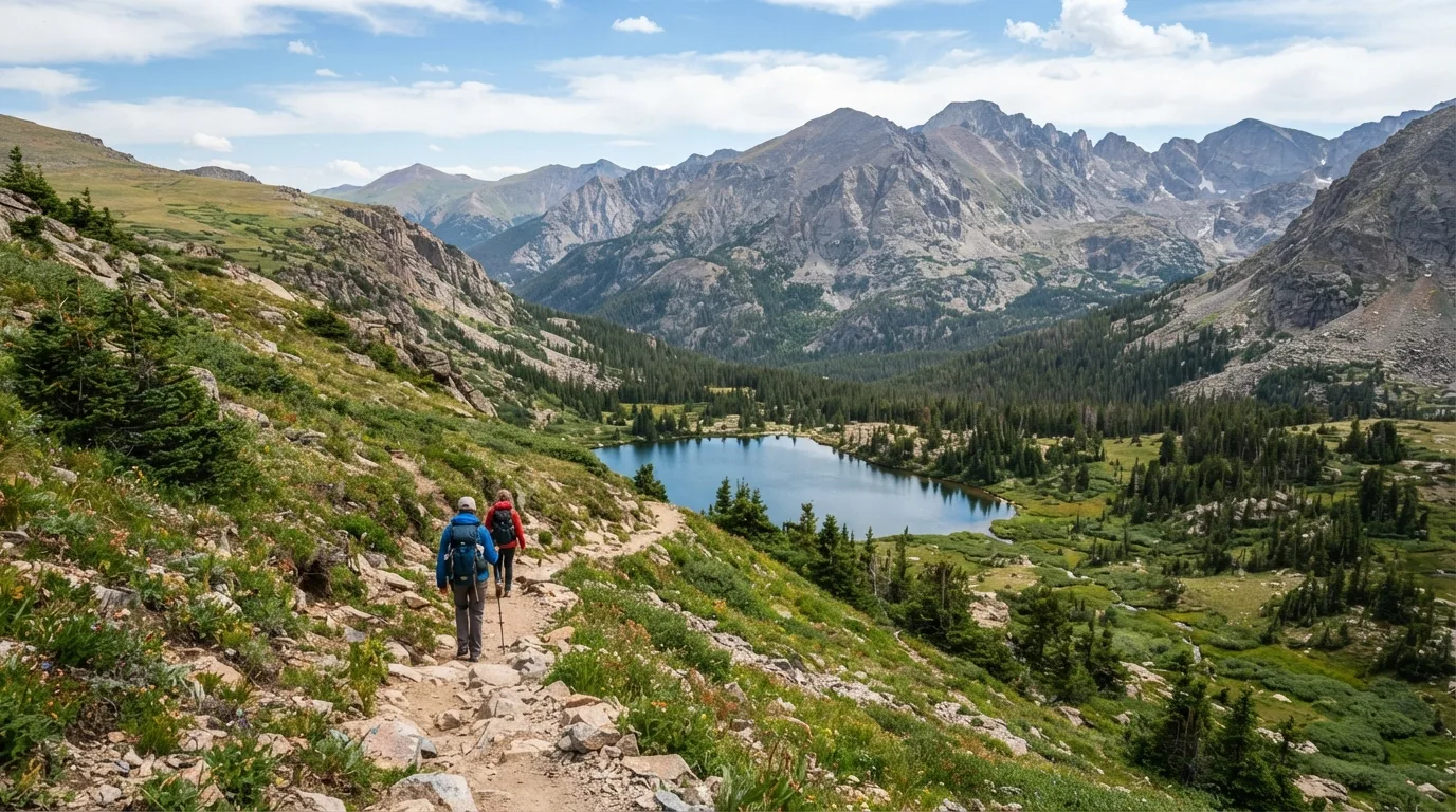 Hikers on Timber Lake Trail in Rocky Mountain with subalpine lakes, tundra ridges, glacial basins, and forested valleys.