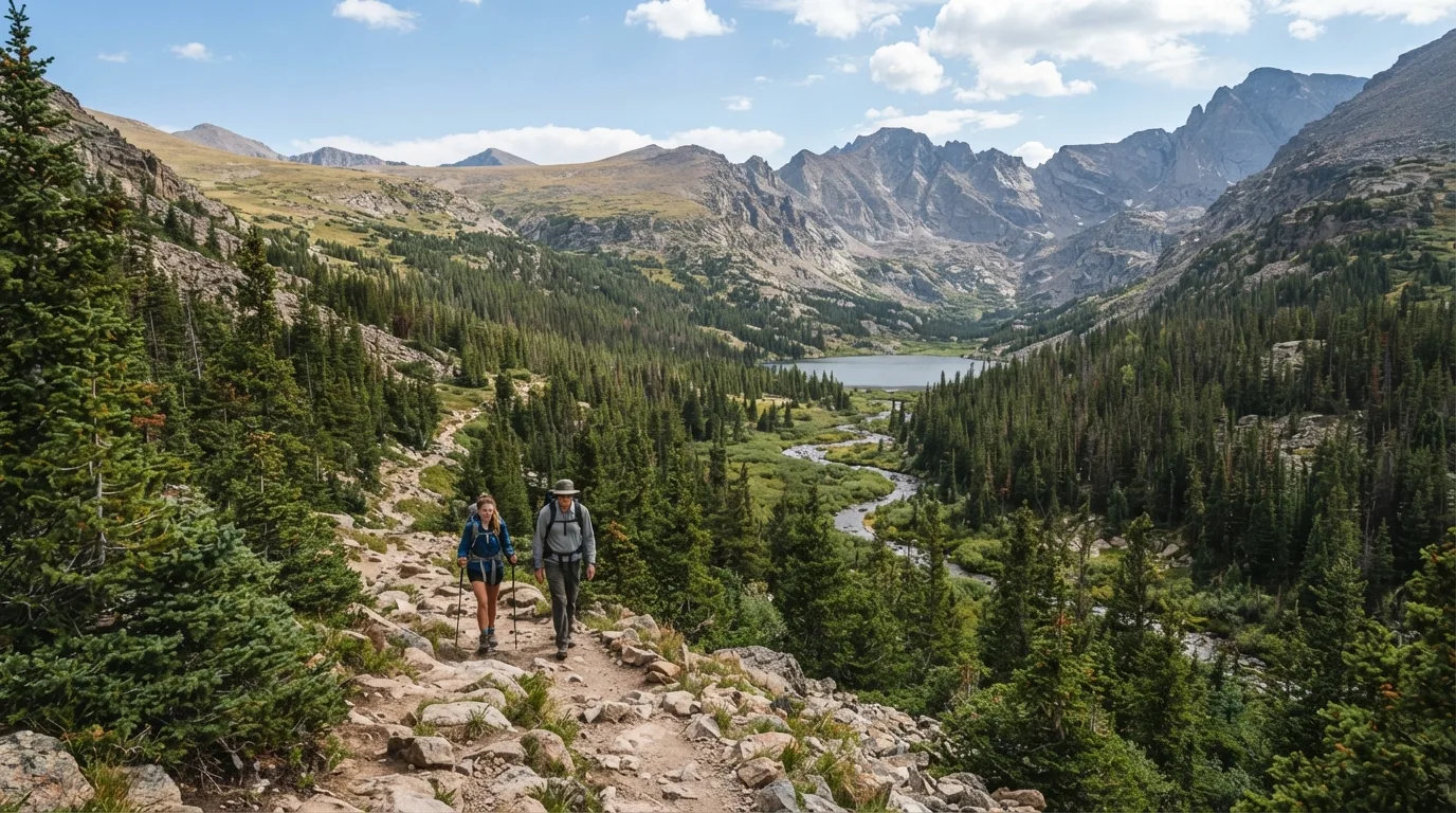 Hikers on East Inlet Trail to Lone Pine Lake in Rocky Mountain with subalpine lakes, tundra ridges, glacial basins, and forested valleys.