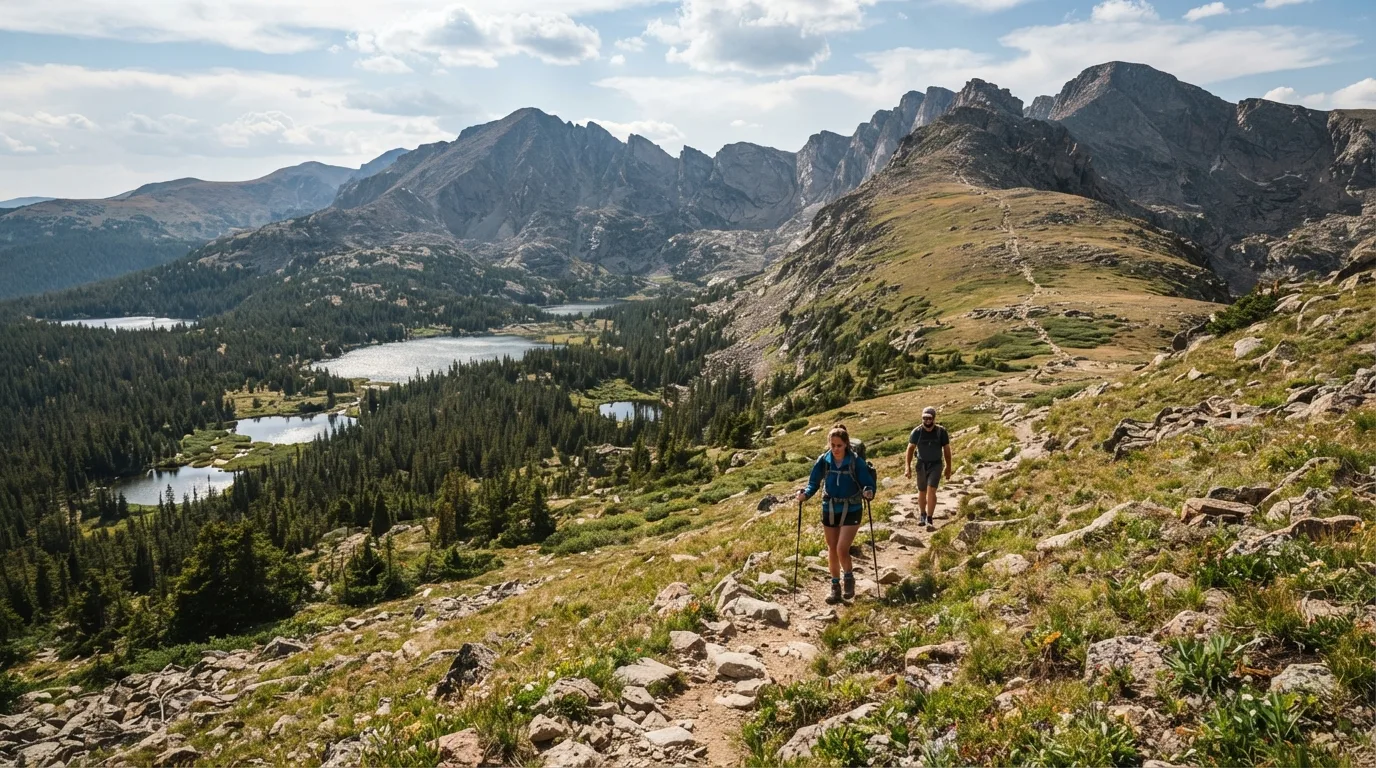 Hikers on Chapin Creek Trail in Rocky Mountain with subalpine lakes, tundra ridges, glacial basins, and forested valleys.
