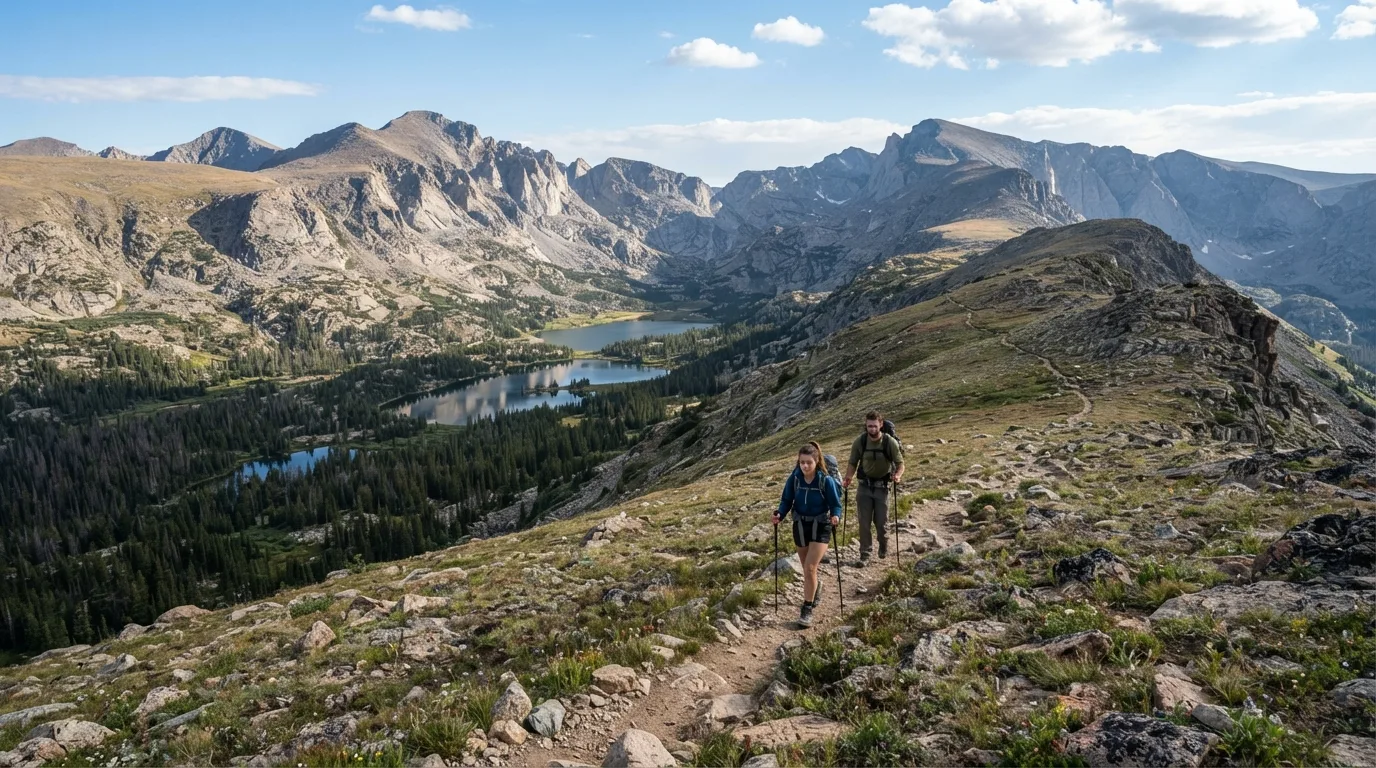 Hikers on Storm Pass Trail in Rocky Mountain with subalpine lakes, tundra ridges, glacial basins, and forested valleys.