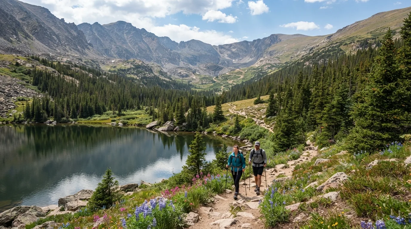 Hikers on Lake Irene Trail in Rocky Mountain with subalpine lakes, tundra ridges, glacial basins, and forested valleys.