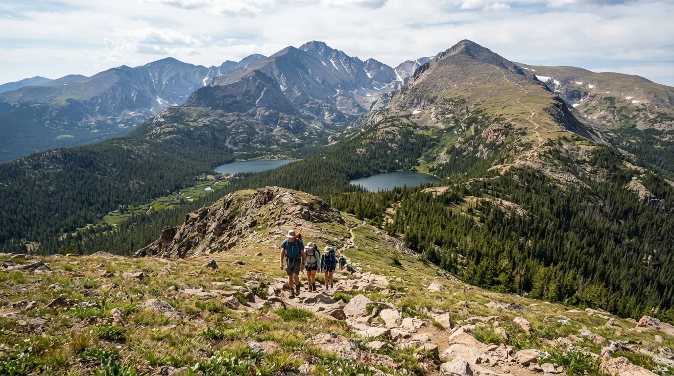 Hikers on Estes Cone Trail in Rocky Mountain with subalpine lakes, tundra ridges, glacial basins, and forested valleys.
